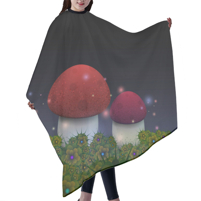 Personality  Magic Mushrooms With Fireflies In The Night Fairy Forest. Hair Cutting Cape