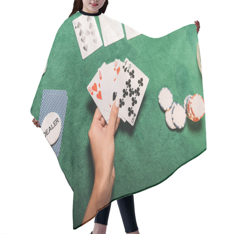 Personality  Cropped Image Of Girl Playing Poker At Table In Casino And Holding Playing Cards Hair Cutting Cape