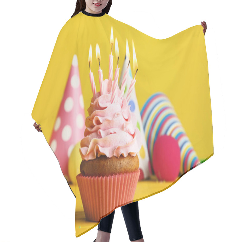 Personality  Cupcake With Candles And Paper Caps On Yellow Background Hair Cutting Cape