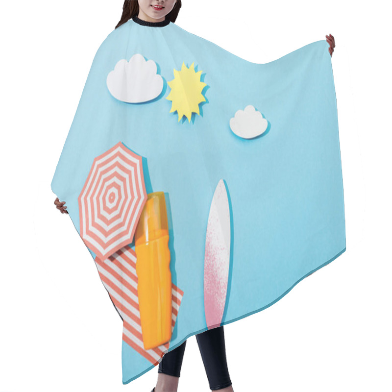 Personality  Top View Of Paper Cut Beach With Surfboards, Umbrella, Blanket And Bottle Of Sunscreen On Blue Hair Cutting Cape