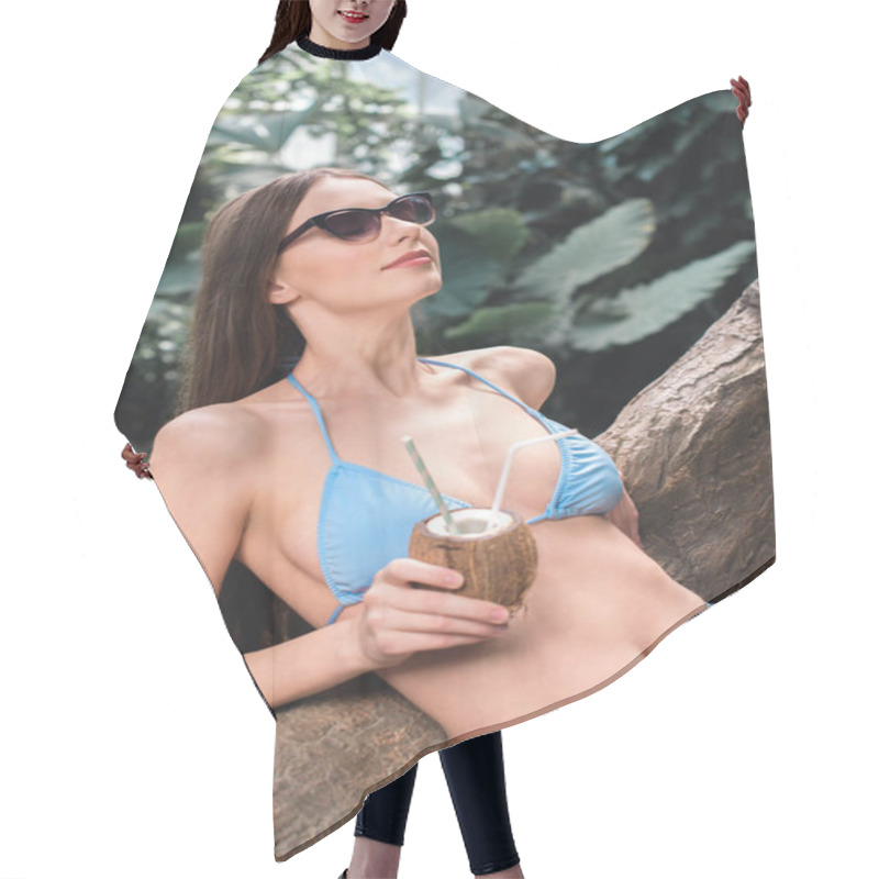 Personality  Beautiful Girl In Sunglasses Posing With Coconut Cocktail In Tropical Garden Hair Cutting Cape