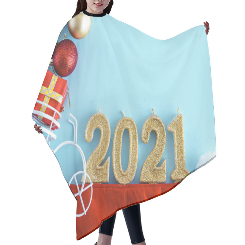 Personality  Xmas, Winter, New Year Concept - Blue Christmas Background With Red Gold And White Tree Toys, Santa Hat, 2021 Number Candles And Toy Bicycle With Gift In Trunk. Flatly, Top View, Overhead. Copy Space Hair Cutting Cape