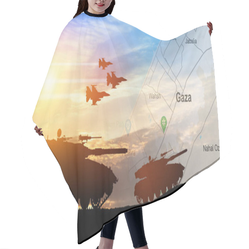 Personality  Silhouettes Of Army Tanks And Fight Planes On Background Of Sunset With Map Of Gaza. Israeli Ground Operation In Gaza. Hair Cutting Cape