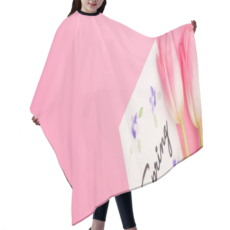 Personality  Top View Of Tulips And Card With Spring Lettering On Pink Background, Panoramic Shot Hair Cutting Cape