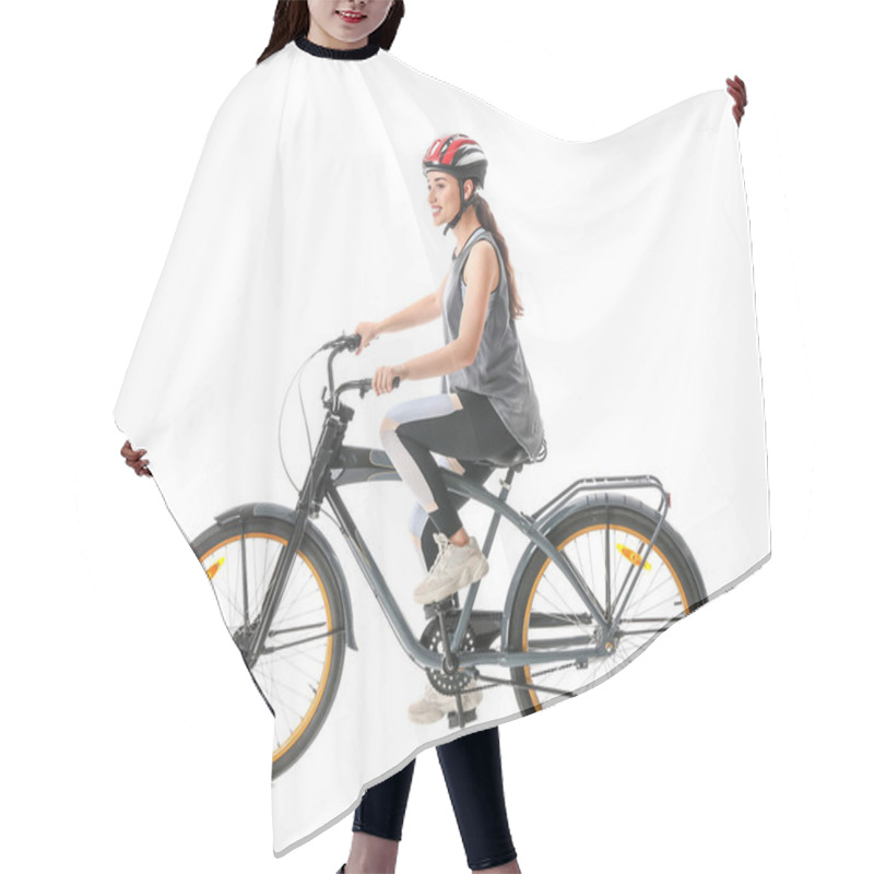 Personality  Sporty Young Woman Riding Bicycle Against White Background Hair Cutting Cape