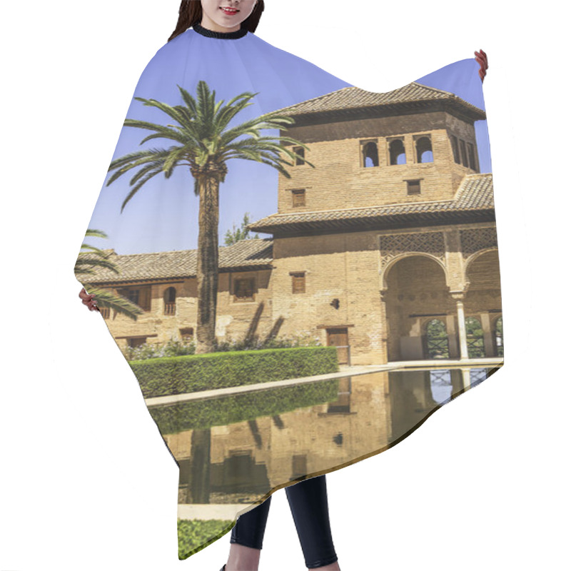 Personality  The Partal Palace Of Alhambra With Tower, Palm Trees, Reflecting Pool, And Lush Gardens Under A Vivid Andalusian Sky In Granada, Spain Hair Cutting Cape