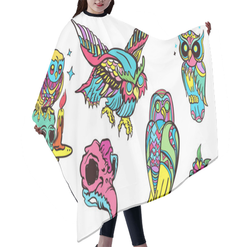 Personality  Magic Owl Old School Tattoo Vector. Fashionable Owls Set Hair Cutting Cape