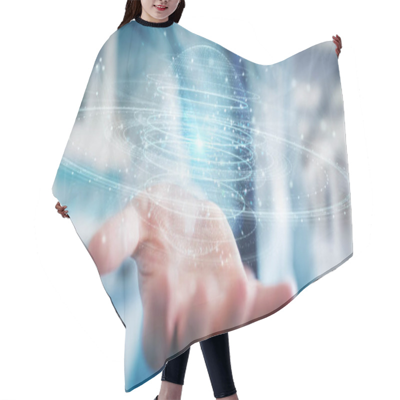 Personality  Businessman On Blurred Background Using Digital Sphere Connection Hologram 3D Rendering Hair Cutting Cape