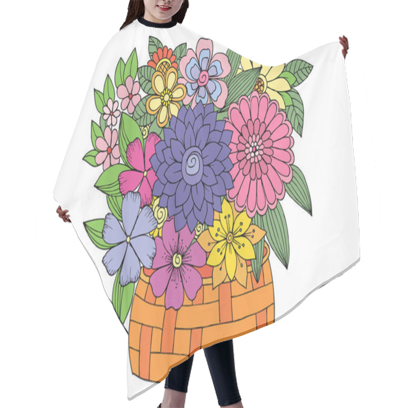 Personality  Bouquet Of Flowers In A Wood Basket. Vector Doodle Floral Image Hair Cutting Cape