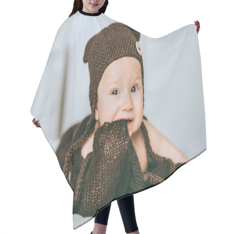 Personality  Infant Child In Brown Knitted Hat Biting Blanket In Bed Hair Cutting Cape