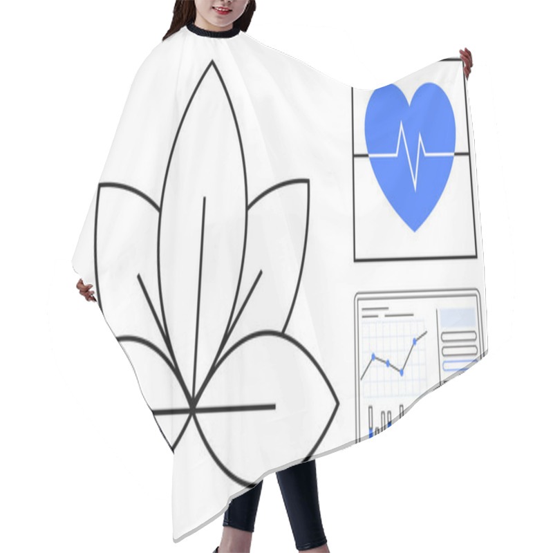 Personality  Black-lined Lotus Flower, Blue Heart With Pulse Line, And Analytical Data Chart Featuring Graphs And Bar Charts. Ideal For Wellness, Healthcare, Holistic Health, Data Analysis, Medical Technology Hair Cutting Cape