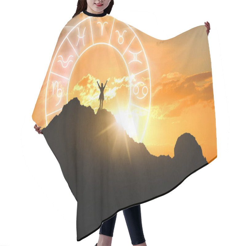 Personality  Zodiac Wheel And Photo Of Woman In Mountains At Sunset Hair Cutting Cape