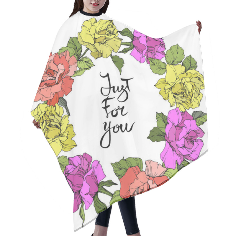 Personality  Vector. Roses Floral Wreath. Purple, Yellow And Coral Rose Flowers Engraved Ink Art. Just For You Handwriting Monogram Calligraphy. Hair Cutting Cape