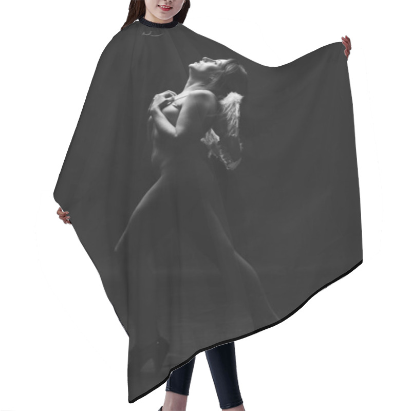 Personality  Naked Woman With Decorative Angel Wings Posing In Dark Studio  Hair Cutting Cape