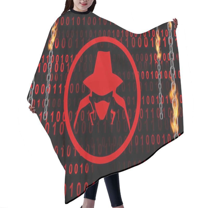 Personality  Hacker Symbol With Digital Binary Code, Chain Of Fire. Threat Actor, APT, Advanced Persistent Threat, Ransomware, Malware, Ddos, Cyber Incident Cybersecurity Vulnerability Malicious Attack Concept Hair Cutting Cape