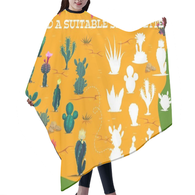 Personality  Find A Suitable Silhouette Of Mexican Cactus Plants In Desert, Kids Riddle Game Vector Worksheet. Find Correct Similar Shadow Puzzle With Cartoon Mexican Cacti And Desert Sand Hair Cutting Cape