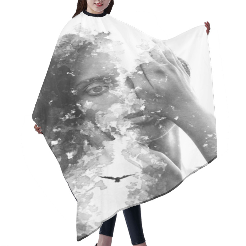 Personality  Paintography. Double Exposure Portrait Of A Young Beautiful Woma Hair Cutting Cape