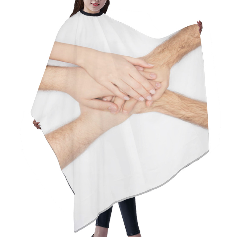 Personality  Top View Of Men And Woman Holding Hands Isolated On White Hair Cutting Cape