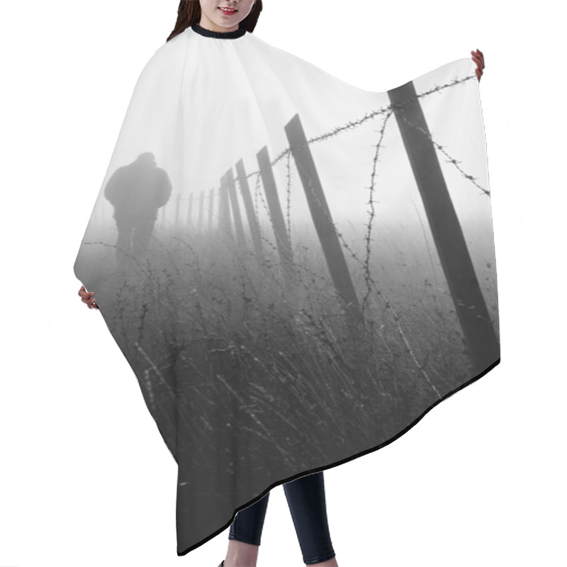 Personality  Man Walking Near Barbed Wire Fence In Dense Fog Hair Cutting Cape