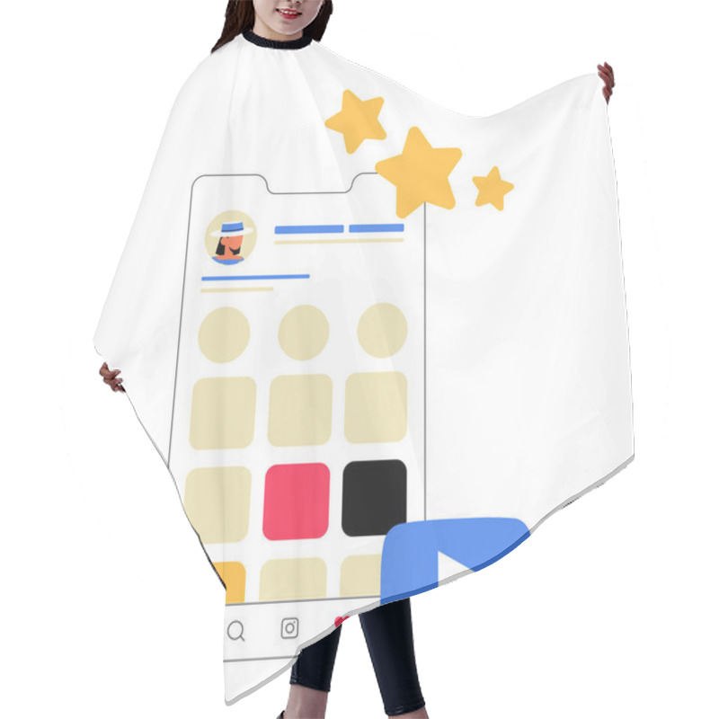 Personality  Digital Social Media Profile Interface Displays An Organized Content Grid With A Video Play Icon And Engagement Symbols. Flat Vector Illustration About Social Trends And Content Influence. Hair Cutting Cape