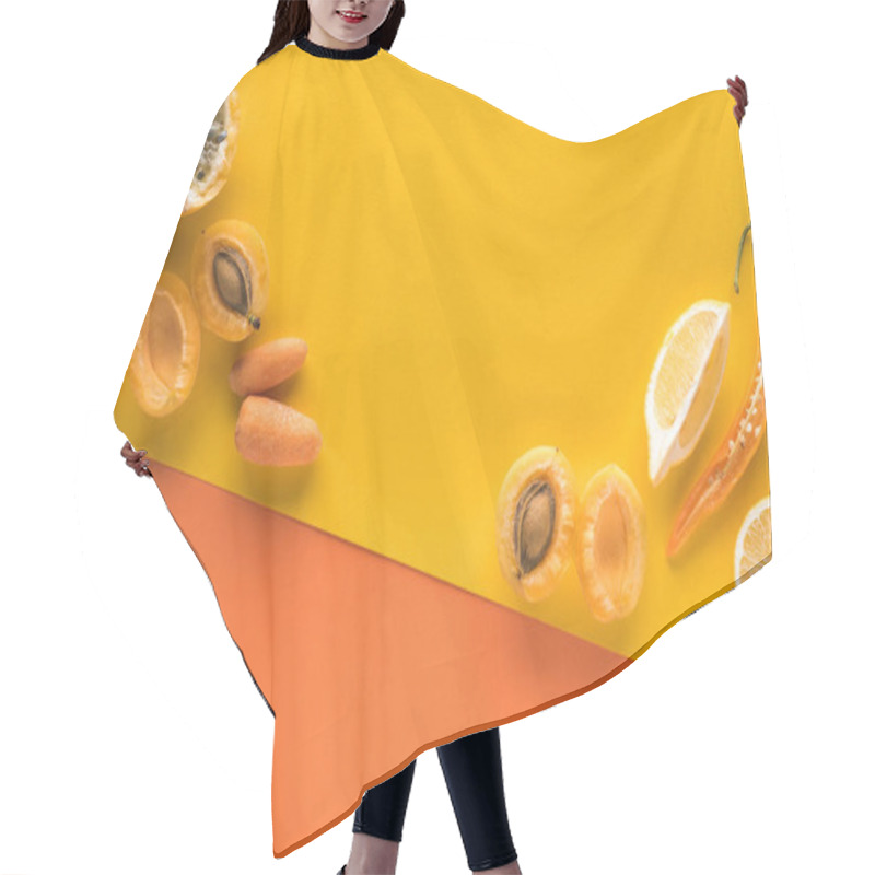 Personality  Top View Of Fresh Fruits And Vegetables On Yellow And Orange Background With Copy Space Hair Cutting Cape