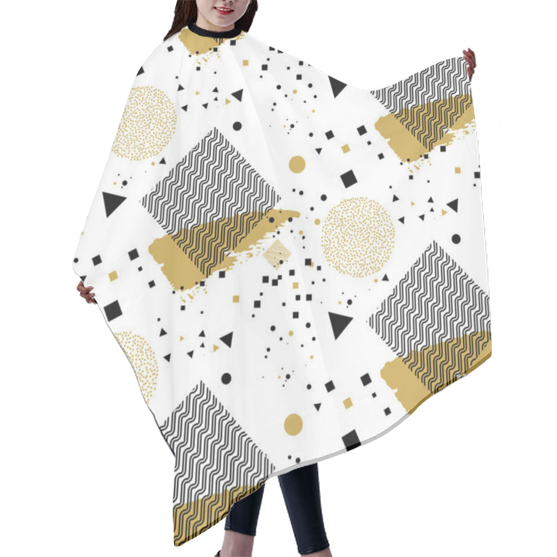 Personality  Geometric Seamless Pattern With Circles, Triangles, Squares, Rhombuses, Smears And Lines Of Black And Gold Color.  Hair Cutting Cape