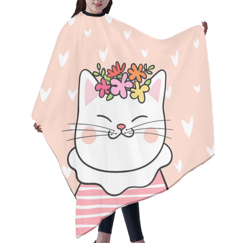 Personality  Drawn Cute Cat With Flowers On Head In Doodle Cartoon Style On Pink Pastel Background, Romantic Concept Hair Cutting Cape