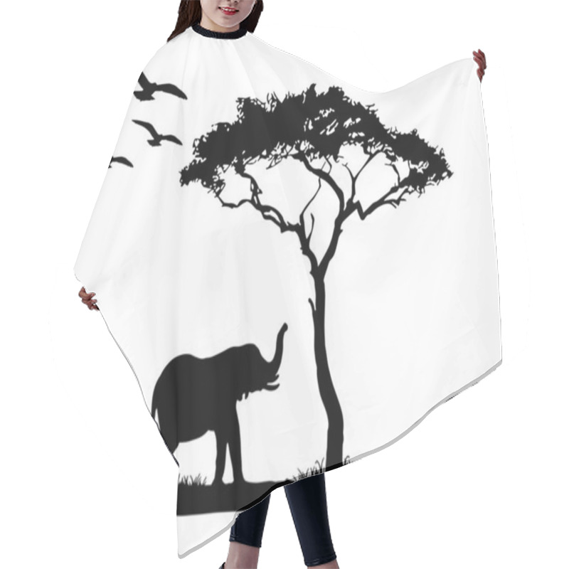 Personality  Silhouette Of Elephant With Tree And Birds In The Sky On White Background. Hair Cutting Cape