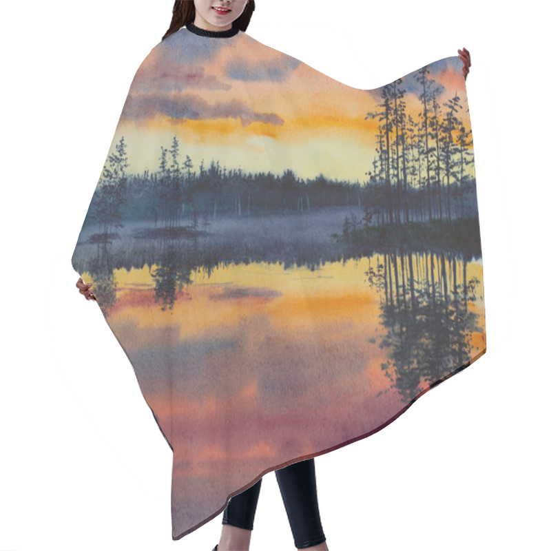 Personality  Bright Crimson Sunset On A Forest Lake Hair Cutting Cape