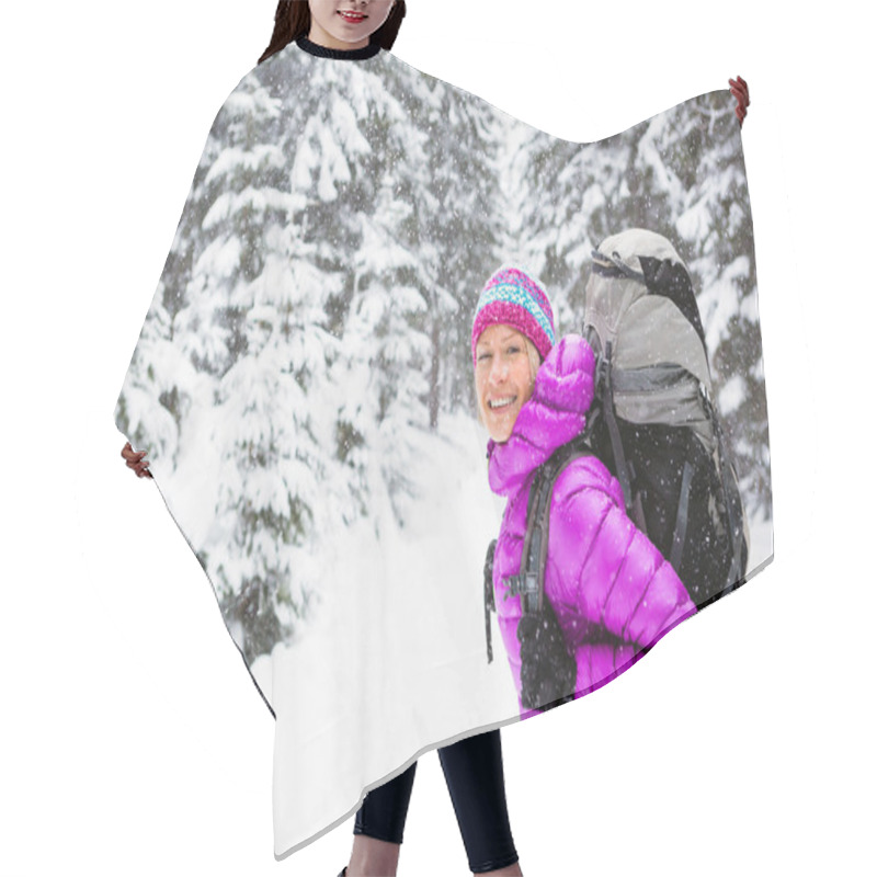 Personality  Happy Woman Walking In Winter Forest With Backpack Hair Cutting Cape