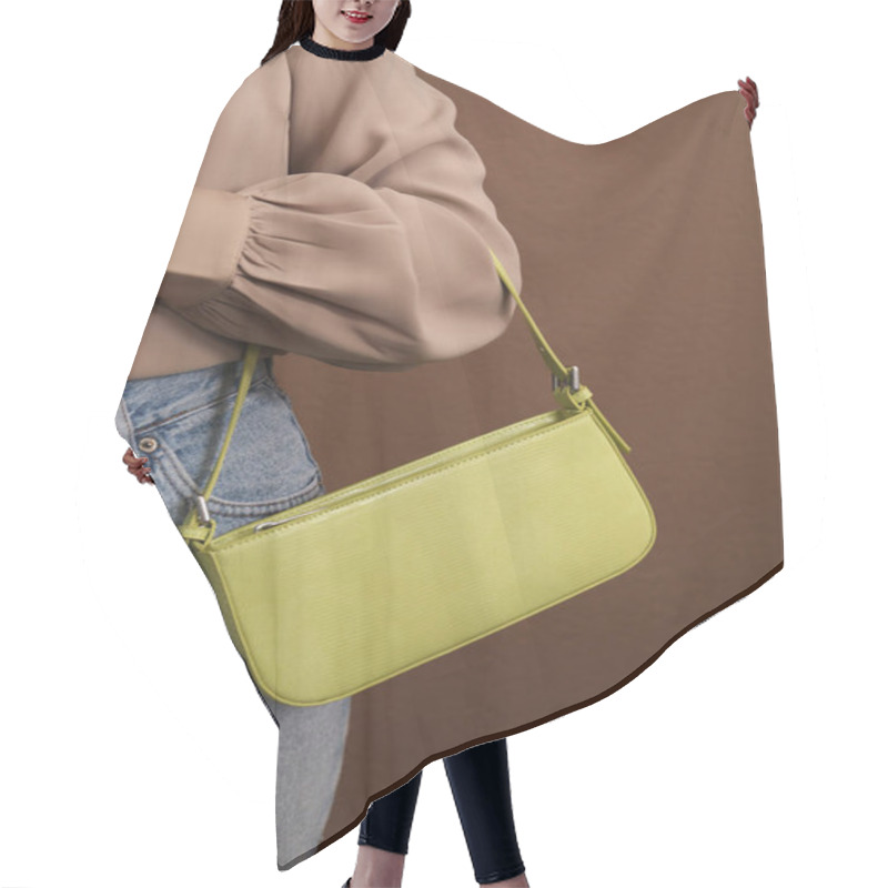 Personality  Woman With Stylish Baguette Handbag On Brown Background, Closeup Hair Cutting Cape