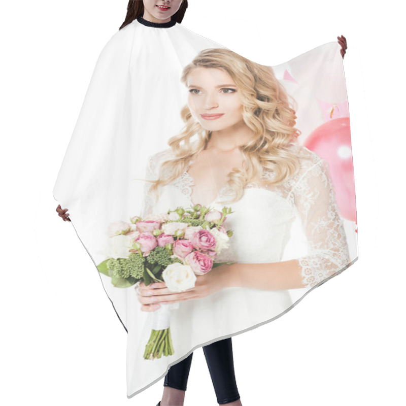 Personality  Beautiful Young Bride With Bridal Bouquet And Air Balloons Isolated On White Hair Cutting Cape