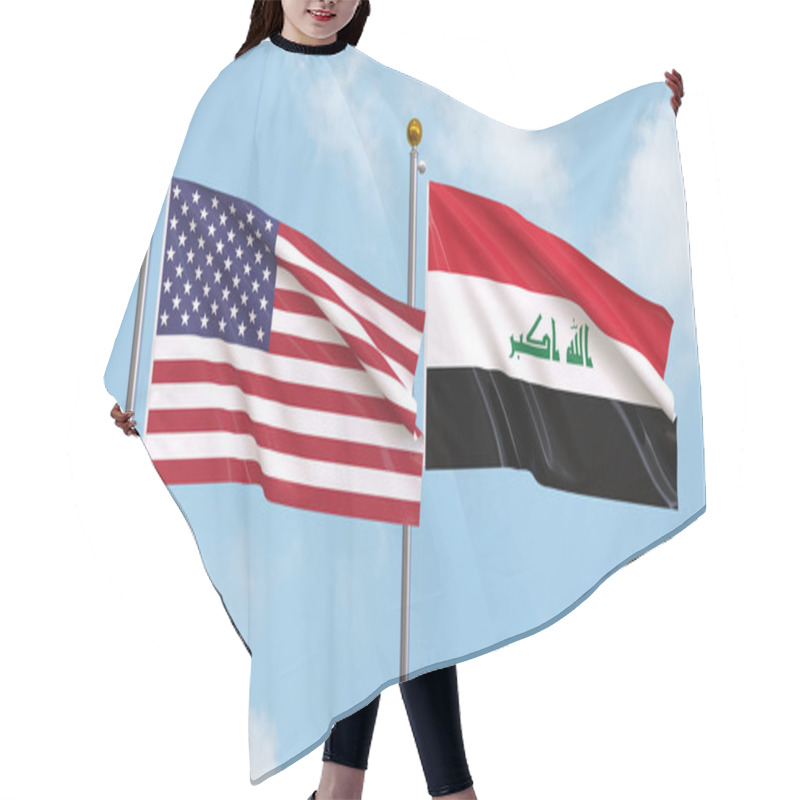 Personality  Waving Flags Of The United States Of America And Iraq On Sky Background. Illustrating International Diplomacy, Friendship And Partnership With Soaring Flags Against The Sky. 3D Illustration Hair Cutting Cape