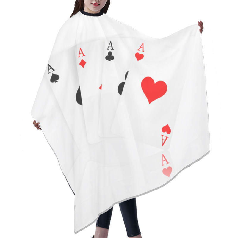 Personality  Set Of Four Aces Playing Cards Suits. Winning Poker Hand. Set Of Hearts, Spades, Clubs And Diamonds Ace With Reflection Hair Cutting Cape