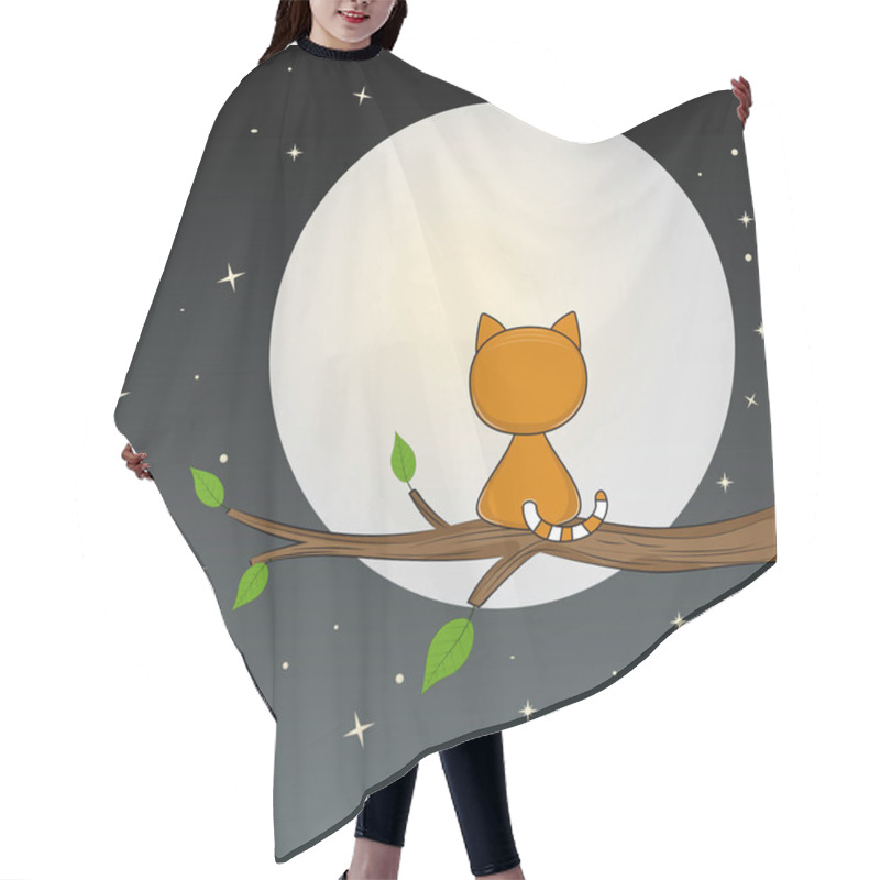 Personality  Cute Cat Is Sitting On The Tree And Looks At The Moon. Hair Cutting Cape