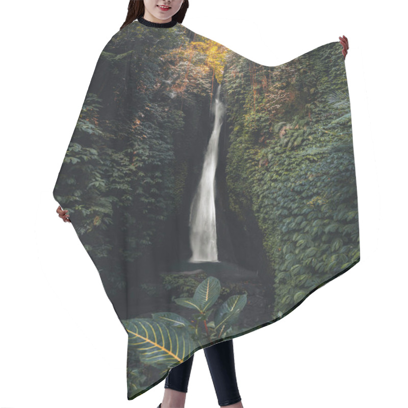 Personality  Leke Leke Waterfall In Tropical Jungle And Alone Woman In Bikini In Bali, Indonesia. Hair Cutting Cape