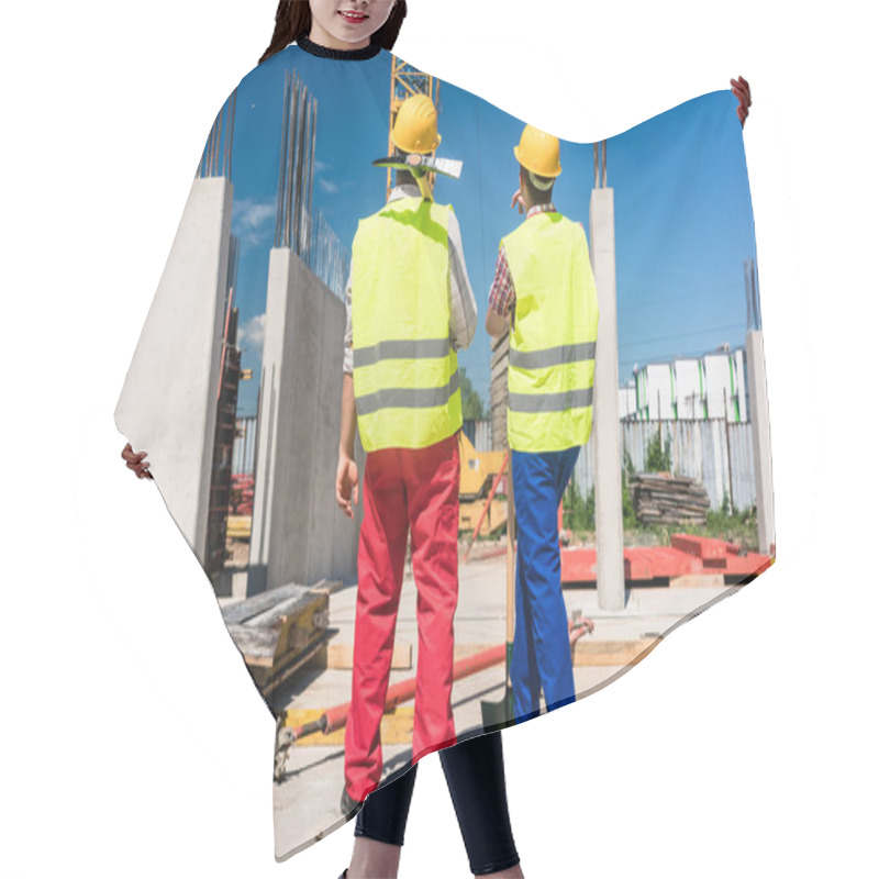 Personality  Two Workers Wearing Safety Equipment While Planning Work Hair Cutting Cape