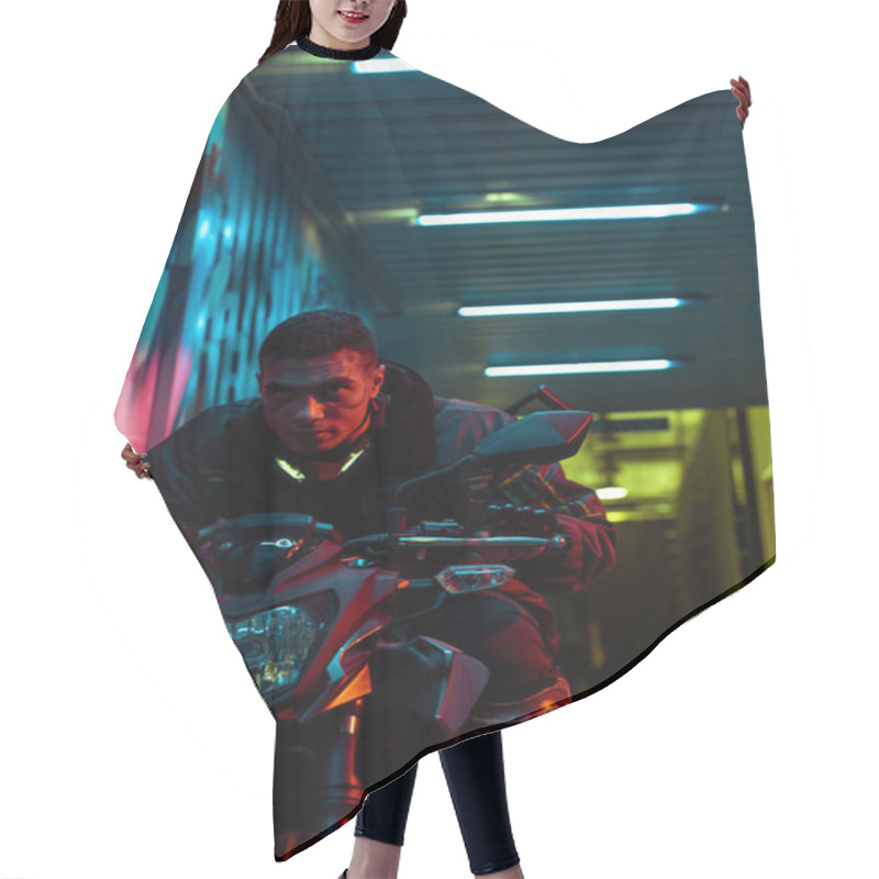 Personality  Mixed Race Cyberpunk Player With Protective Mask Riding Motorcycle  Hair Cutting Cape