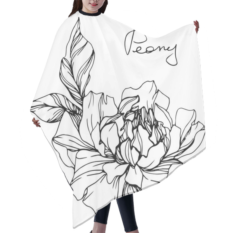 Personality  Vector Isolated Monochrome Peony Flower Sketch And Handwritten Lettering On White Background. Engraved Ink Art.  Hair Cutting Cape