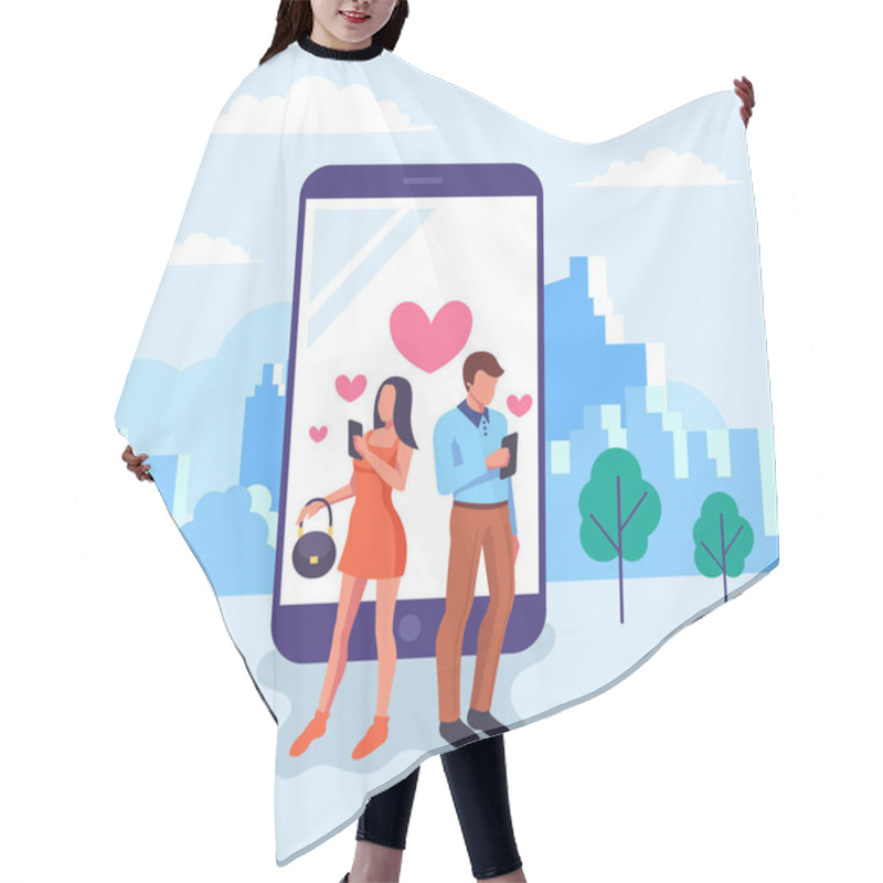 Personality  Two People Man And Woman Characters Chatting And Communication By Smartphone Internet. Online Meeting Dating Communication Concept. Vector Flat Graphic Design Isolated Illustration Concept Hair Cutting Cape