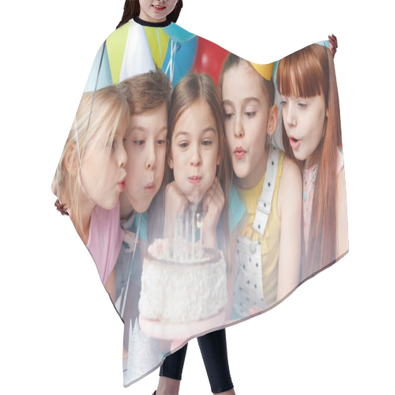 Personality  Festive Children In Party Caps, Blow Candles On Delicious Cake, Make Wish, Celebrate Birthday, Have Party Together, Hold Colourful Balloons. Happy Small Girl Spends Festive Event With Best Friends Hair Cutting Cape