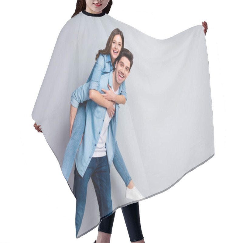 Personality  Portrait Of Cheerful Romantic Student Couple Man Woman Hug Embrace Piggyback Enjoy Weekend Rest Relax Wear Casual Style Clothes Isolated Over Gray Color Background Hair Cutting Cape