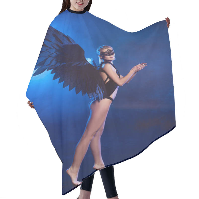 Personality  Beautiful Sexy Woman With Lace Mask And Black Angel Wings Standing On Tiptoe On Dark Blue Background Hair Cutting Cape