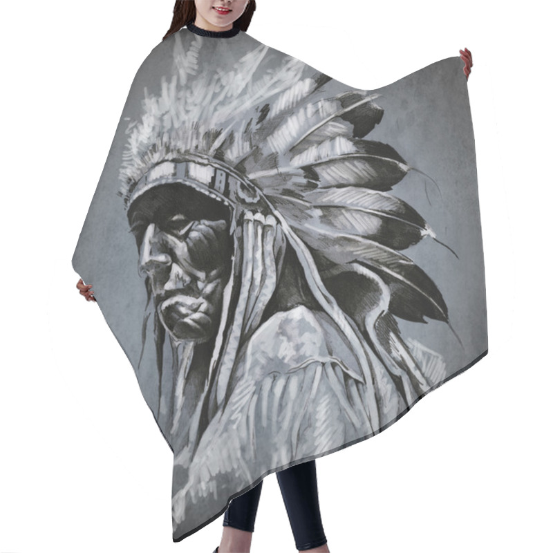 Personality  Tattoo Art, Portrait Of American Indian Head Over Dark Backgroun Hair Cutting Cape