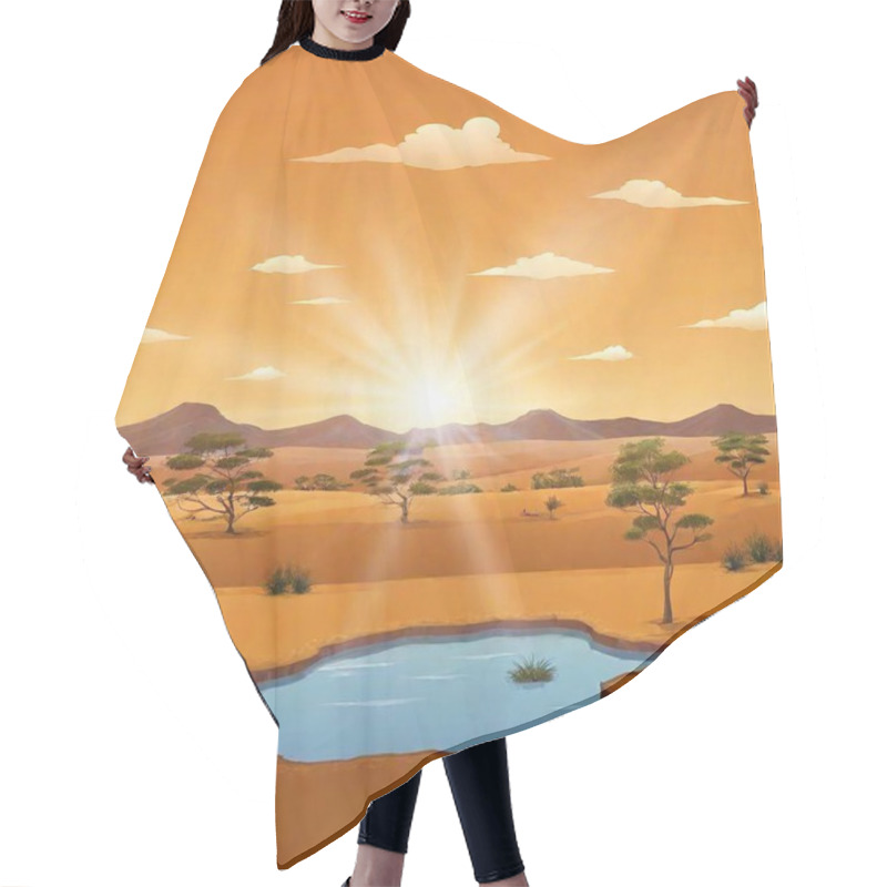 Personality  Desert Landscape With Palm Trees, Sun And Lake, Vector Illustration, Hair Cutting Cape