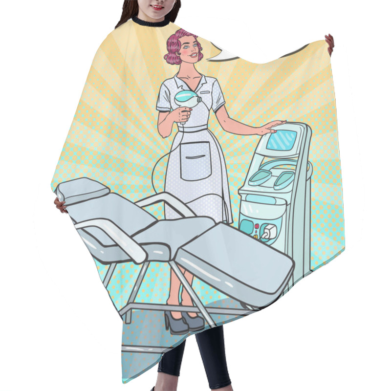 Personality  Professional Skin Treatment Beauty Clinic. Pop Art Cosmetologist With Laser Removal Machine. Vector Illustration Hair Cutting Cape