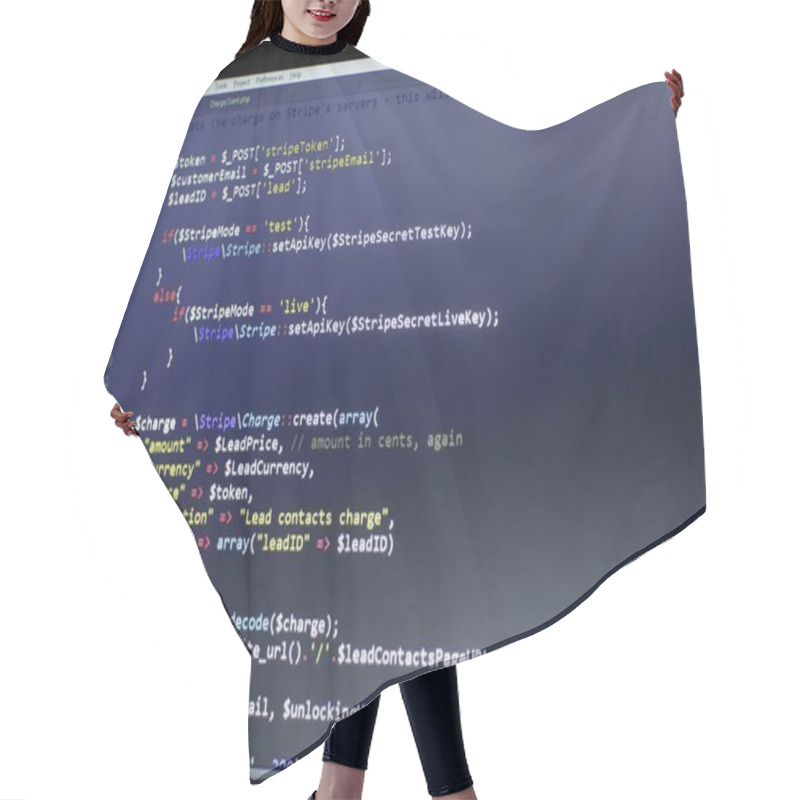 Personality  Web Developer PHP Code Close Up. Charging Customer Using Stripe API. Online Payments Processing. Abstract Information Technonology Modern Background. Concept Screen Of Web Developer. Hair Cutting Cape