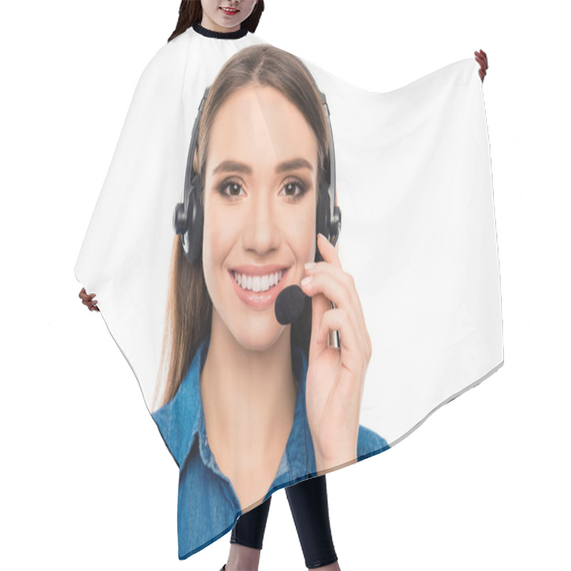 Personality  Beautiful Consultant Of Call Center In Headphones On White Backg Hair Cutting Cape