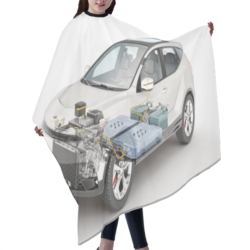 Personality  Electric Generic Car Technical Cutaway 3d Rendering With All Main Details Of EV System In Ghost Effect. Perspective View On White Background. Hair Cutting Cape