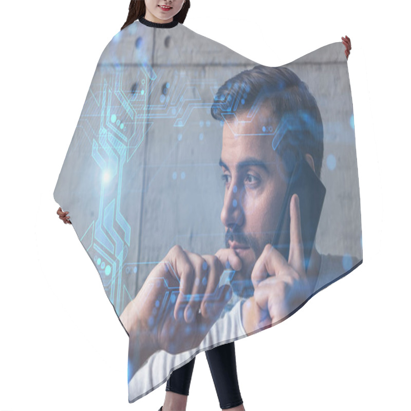 Personality  Handsome Businessman In Casual Wears, Speaking Phone, Global International Issue. Double Exposure. The Concept Of International Business. Technology Hologram. Hair Cutting Cape